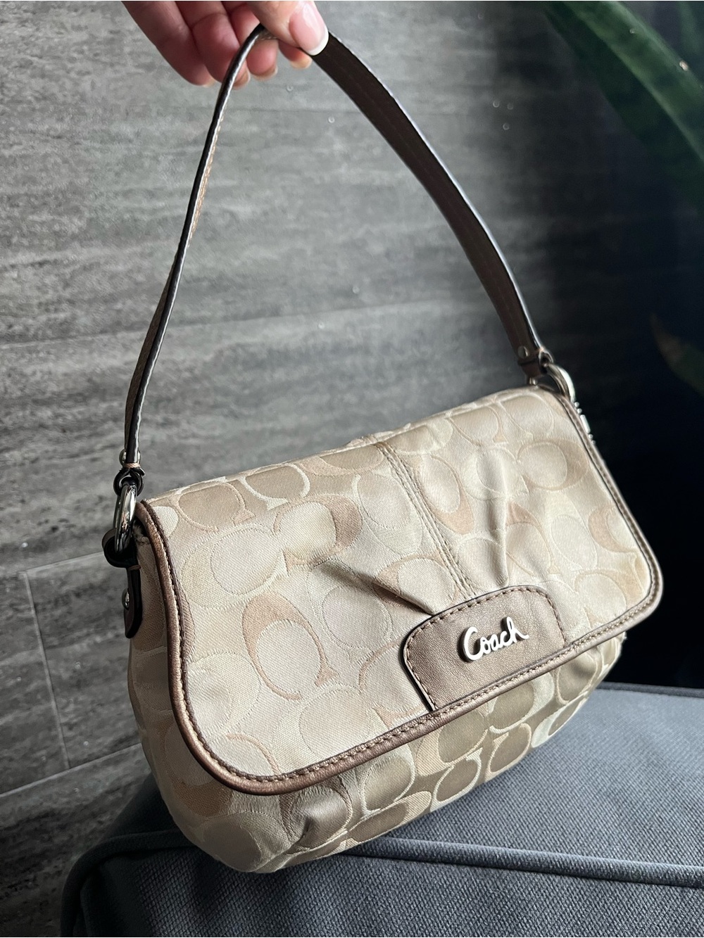 Y2K Coach Mini Shoulder Bag Signature Jacquard Beige Bronze Flap Baguette Purse